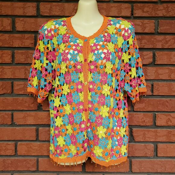 VTG Crochet Sweater XL Floral Colorful Embellished Cardigan Berek Takako Sakon - Picture 5 of 16